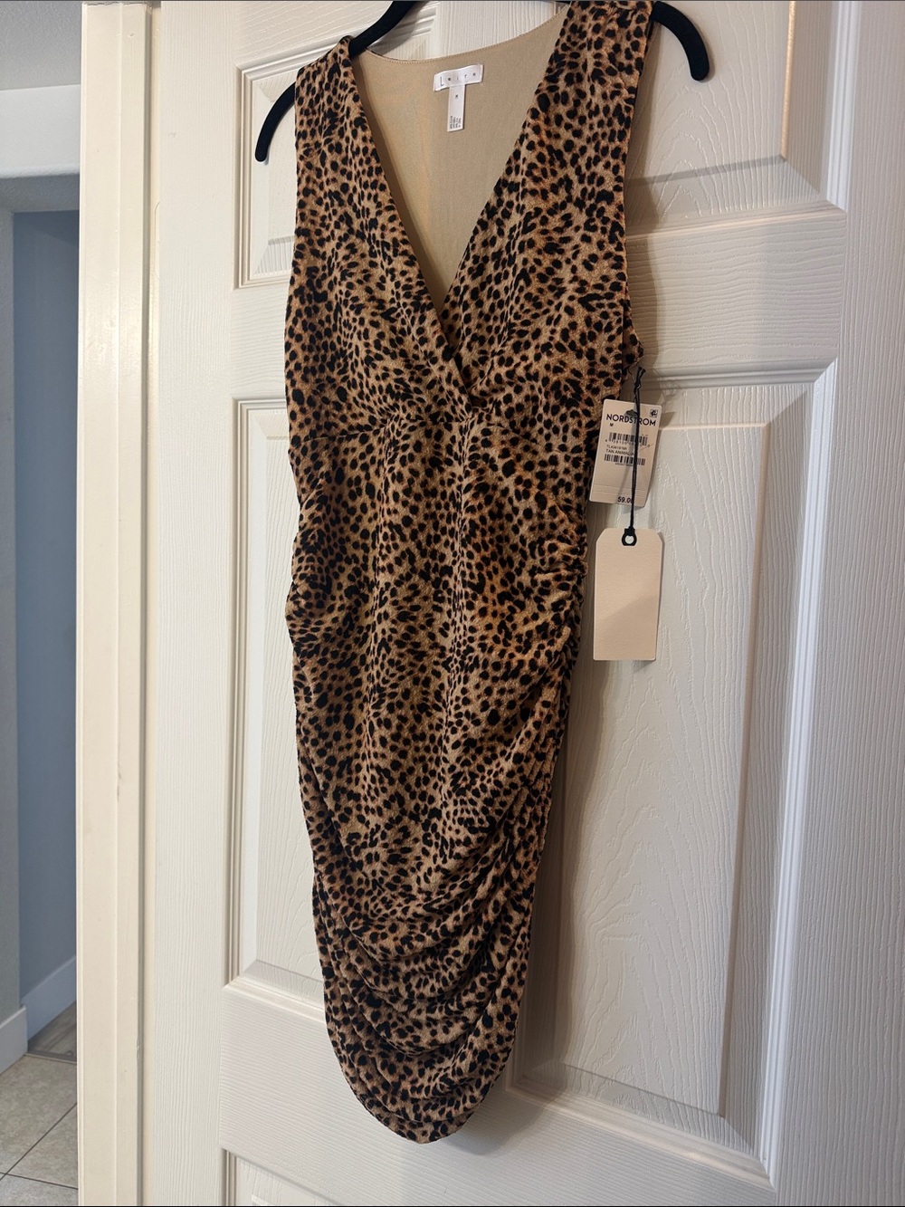 Leith Leopard Print V-Neck Ruched Mini Dress - Brown & Black